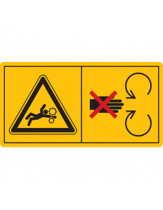 Combinatie-etiket houd voldoende afstand van draaiende machine onderdelen, geel, zwart, rood.