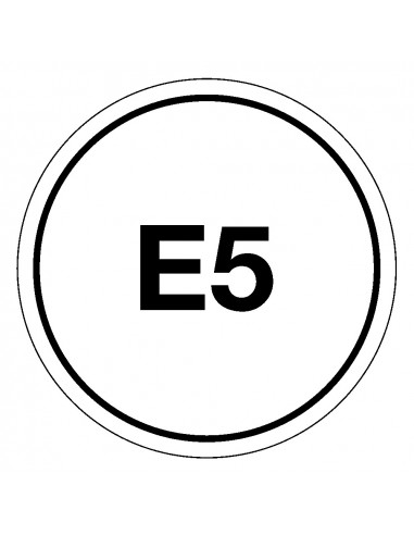 E5 benzine sticker, wit zwart, rond, tekst E5