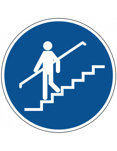 Sticker trapleuning vasthouden, blauw wit, pictogram trapleuning vasthouden, rond