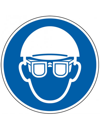 Hoofd en oogbescherming verplicht bord, kunststof, ISO 7010, blauw wit, pictogram hoofd en oogbescherming, rond