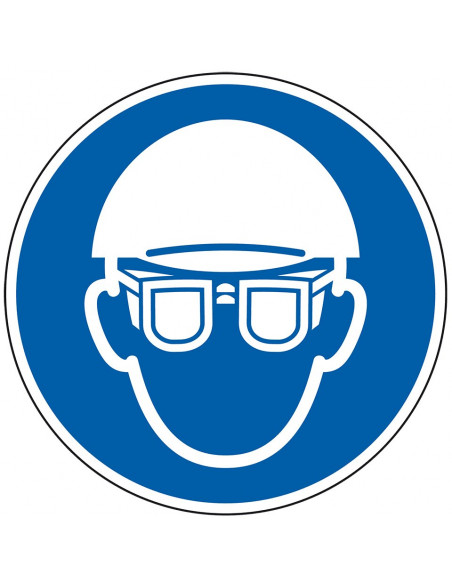 Hoofd en oogbescherming verplicht bord, kunststof, ISO 7010, blauw wit, pictogram hoofd en oogbescherming, rond