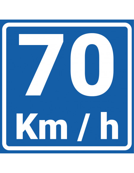 Adviessnelheid 70 km bord, kunststof, blauw wit, vierkant, 70 kilometer per uur symbool