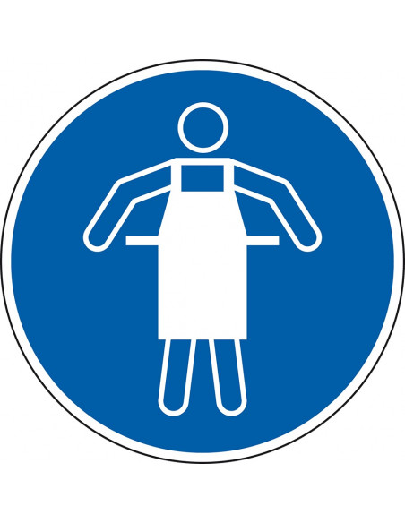 Veiligheidsschort verplicht, ISO 7010, M026, rond, blauw wit, persoon met veiligheidsschort pictogram