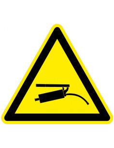 Waarschuwingssticker drukspuit, geel zwart, drukspuit symbool, driehoek