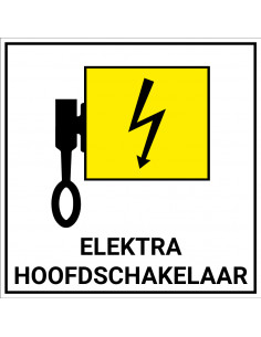 Elektra hoofdschakelaar sticker, geel zwart wit, om elektrische hoofdschakelaar aan te duiden