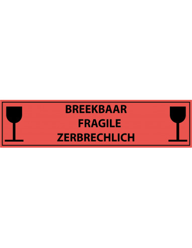 Breekbaar 3-talig sticker, oranje zwart, rechthoekig