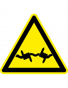 Waarschuwingsbord prikkeldraad, W033, geel zwart, ISO 7010, prikkeldraad symbool, driehoek