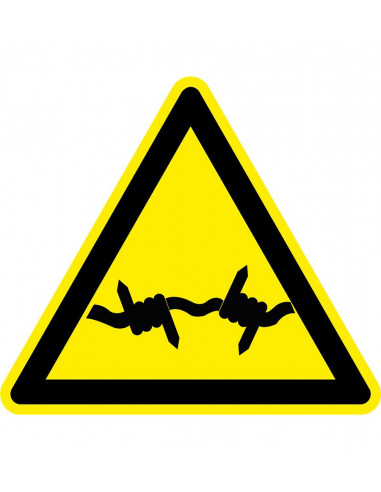 Waarschuwingsbord prikkeldraad, W033, geel zwart, ISO 7010, prikkeldraad symbool, driehoek