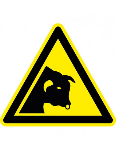 Pas op stier bord, W034, geel zwart, ISO 7010, stier symbool, driehoek