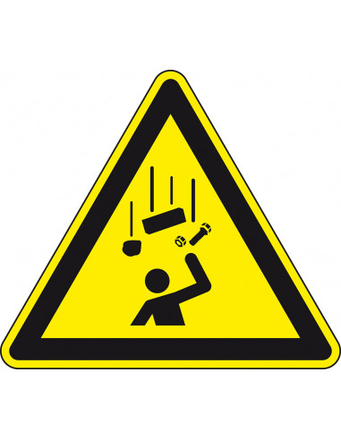 Waarschuwingsbord vallende voorwerpen, W035, geel zwart, ISO 7010, vallende voorwerpen symbool, driehoek
