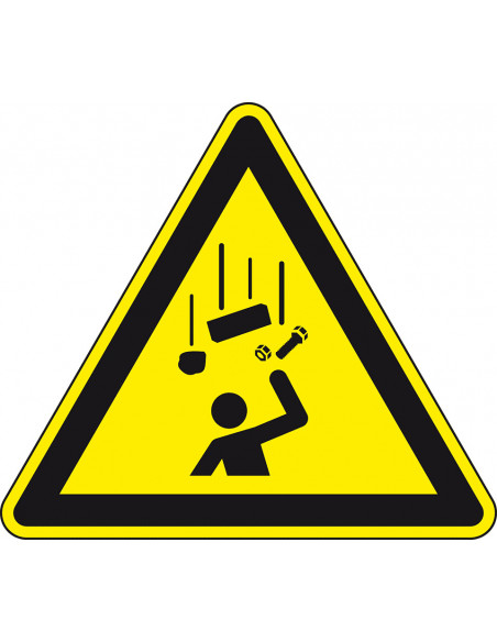 Waarschuwingsbord vallende voorwerpen, W035, geel zwart, ISO 7010, vallende voorwerpen symbool, driehoek