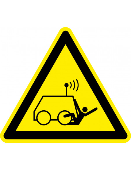 Waarschuwingsbord op afstand bediende machine, W037, geel zwart, ISO 7010, op afstand bestuurde machine symbool, driehoek