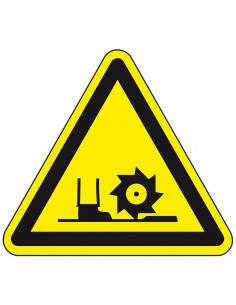 Waarschuwingsbord draaiende frees, kunststof, geel zwart, driehoek, schade aan voet
