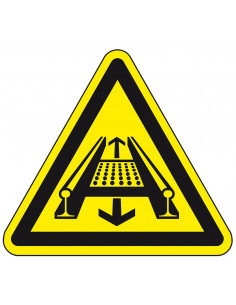 Waarschuwingsbord machine op rails, geel zwart, op rail bewegende delen symbool, driehoek
