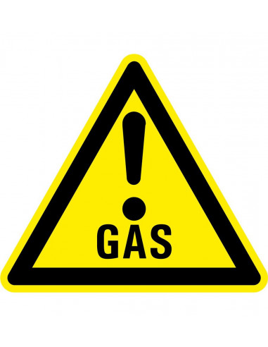 Waarschuwingsbord gas met uitroepteken, geel zwart, gas tekst met uitroepteken, driehoek