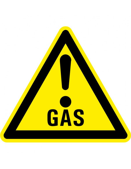 Waarschuwingsbord gas met uitroepteken, geel zwart, gas tekst met uitroepteken, driehoek