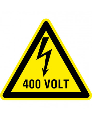 Waarschuwingsbord elektrische spanning 400 volt, geel zwart, 400 volt tekst met bliksem symbool, driehoek