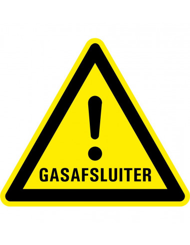 Waarschuwingsbord gasafsluiter, geel zwart, gasafsluiter tekst met uitroepteken, driehoek