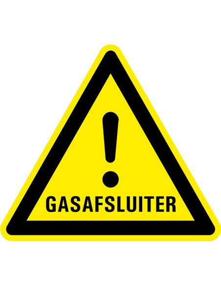 Waarschuwingsbord gasafsluiter, geel zwart, gasafsluiter tekst met uitroepteken, driehoek