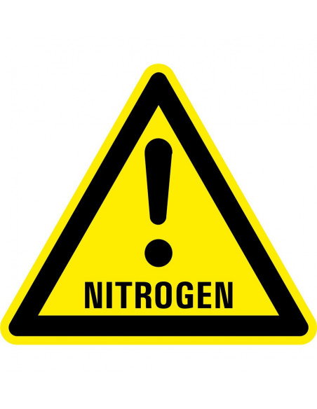 Waarschuwingsbord nitrogen, geel zwart, nitrogen symbool met uitroepteken, driehoek