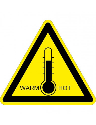 Waarschuwingsbord hoge temperaturen warm/hot, kunststof, thermometer, driehoek, geel zwart