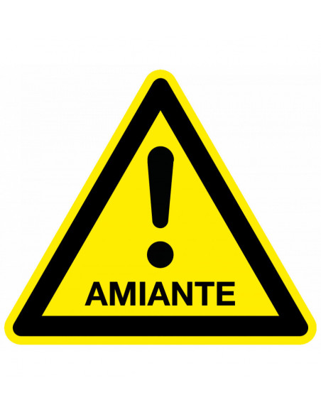 Waarschuwingsbord amiante, geel zwart, tekst amiante met uitroepteken, driehoek, Frans