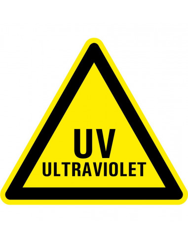 Waarschuwingsbord UV ultraviolet, geel zwart, tekst uv ultraviolet, driehoek