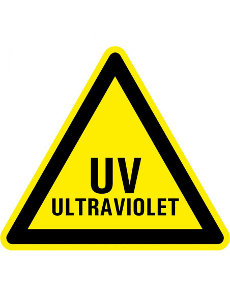Waarschuwingsbord UV ultraviolet, geel zwart, tekst uv ultraviolet, driehoek
