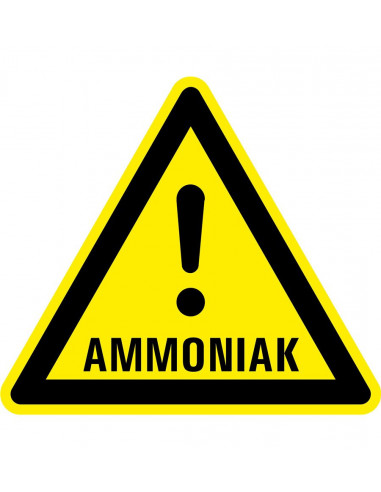 Waarschuwingsbord ammoniak, geel zwart, stoom ammoniak symbool met uitroepteken, driehoek