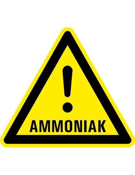 Waarschuwingsbord ammoniak, geel zwart, stoom ammoniak symbool met uitroepteken, driehoek