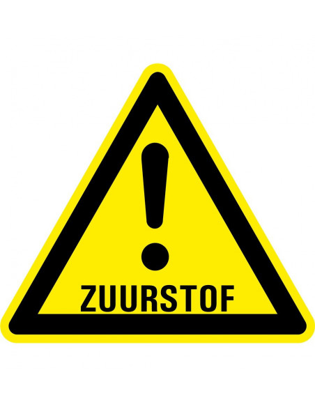 Waarschuwingsbord zuurstof, geel zwart, zuurstof met uitroepteken symbool, driehoek