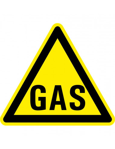 Waarschuwingsbord gas, geel zwart, tekst gas, driehoek