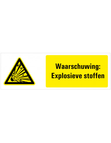 Tekstbord waarschuwing explosieve stoffen, kunststof, ISO 7010, W002, explosie pictogram met tekst