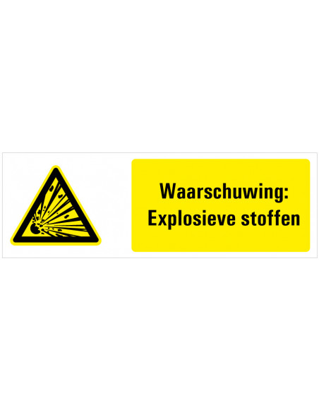 Tekstbord waarschuwing explosieve stoffen, kunststof, ISO 7010, W002, explosie pictogram met tekst