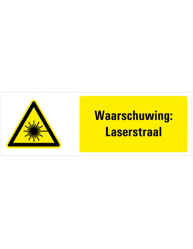 Tekstbord waarschuwing laserstraal, kunststof, W004, ISO 7010, geel zwart, rechthoek, laserstraal pictogram met tekst