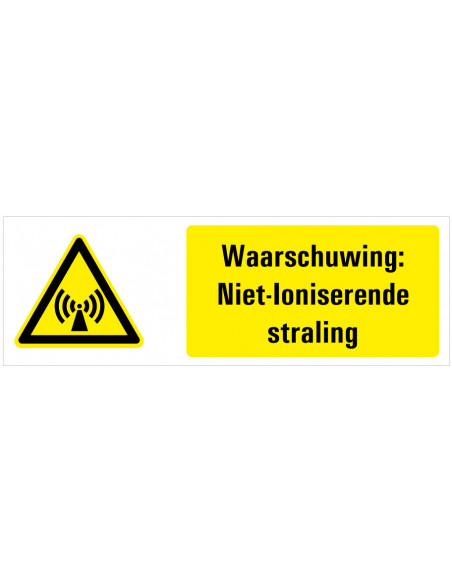 Tekststicker waarschuwing niet ioniserende straling, W005, ISO 7010, geel zwart, rechthoek, niet ioniserende straling symbool