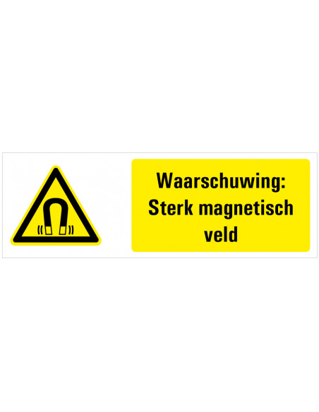 Tekststicker waarschuwing magnetisch veld, W006, magneet, Nederlands tekst, rechthoek, geel zwart wit