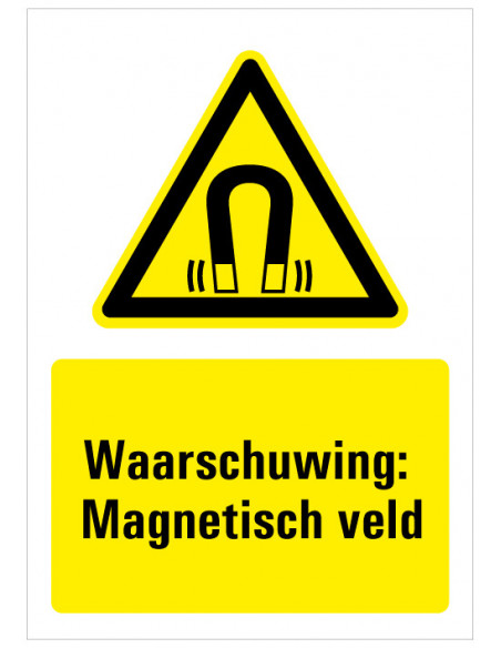 Bord met tekst waarschuwing magnetisch veld, kunststof W006, ISO 7010, geel zwart, rechthoek, magneet symbool
