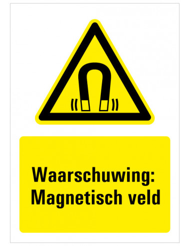Sticker met tekst waarschuwing magnetisch veld, W006, ISO 7010, geel zwart, rechthoek, magneet symbool