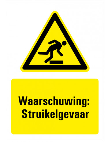 Bord met tekst waarschuwing struikelgevaar, kunststof, W007, opstapje man struikelt
