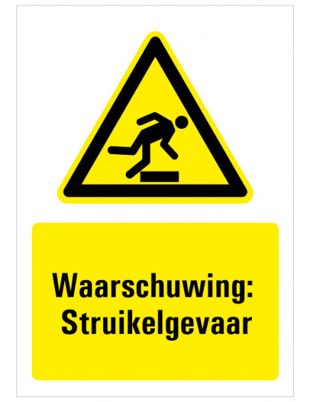 Bord met tekst waarschuwing struikelgevaar, kunststof, W007, opstapje man struikelt