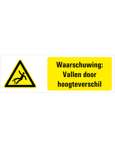 Waarschuwing voor vallen door hoogteverschil tekstbord, geel zwart wit, rechthoek liggend
