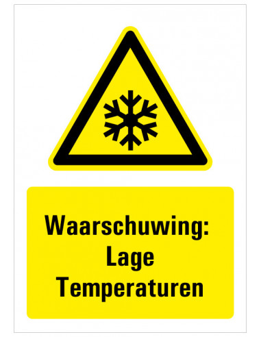 Bord met tekst waarschuwing lage temperaturen, kunststof, ISO 7010, geel zwart, rechthoek, sneeuwvlok symbool