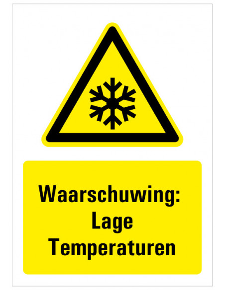 Bord met tekst waarschuwing lage temperaturen, kunststof, ISO 7010, geel zwart, rechthoek, sneeuwvlok symbool