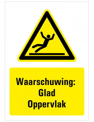 Waarschuwing voor glad oppervlak sticker met tekst, zwart geel wit, rechthoek staand