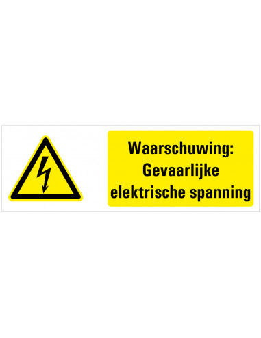 Waarschuwing voor gevaarlijke elektrische spanning tekstbord, geel zwart wit, bliksem symbool, liggende rechthoek
