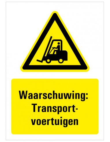 Sticker met tekst waarschuwing transportvoertuigen, ISO 7010, geel zwart, rechthoek, heftruck symbool