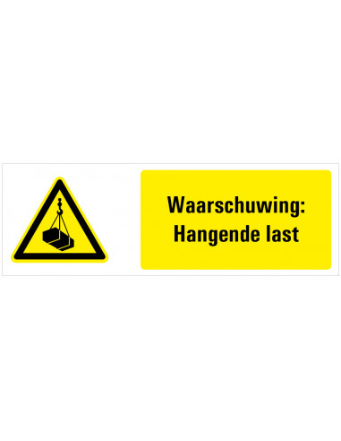 Tekststicker waarschuwing hangende last, W015, ISO 7010, geel zwart, rechthoek, last aan kraan