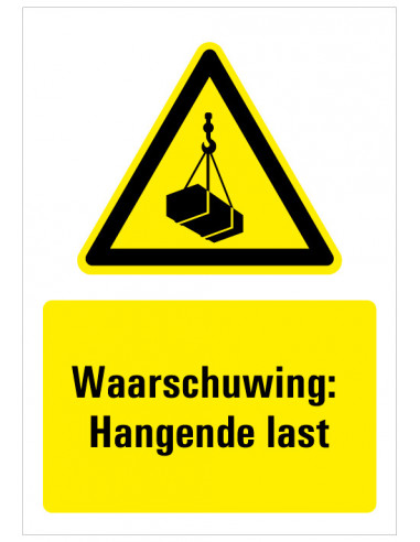 Tekststicker waarschuwing hangende last, W015, ISO 7010, geel zwart, rechthoek, hangende last symbool
