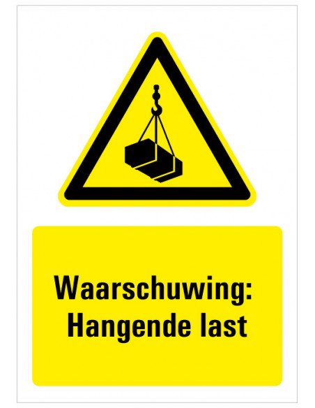 Tekststicker waarschuwing hangende last, W015, ISO 7010, geel zwart, rechthoek, hangende last symbool